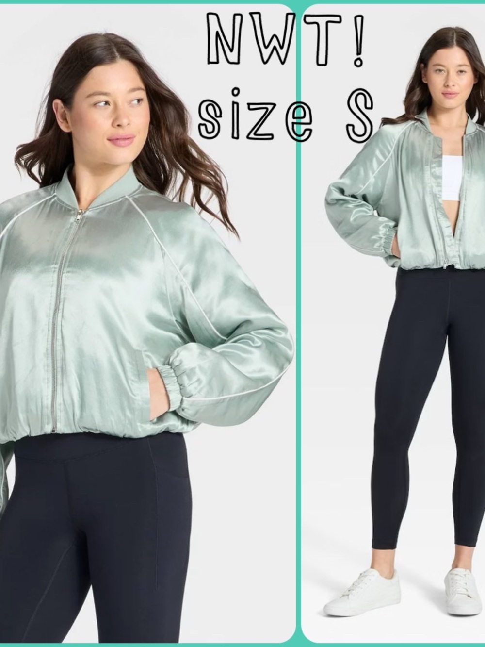 NWT!  Size S ALL IN MOTION Sage Green zip up silky bomber jacket